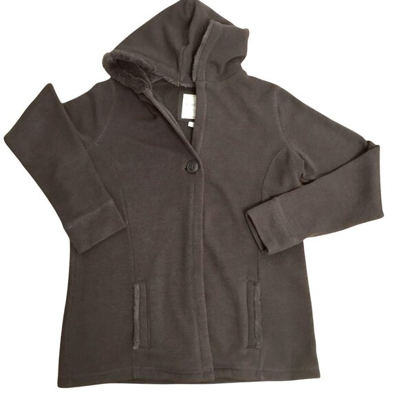 Merona Womens Hooded Brown Fleece Lined Jacket Button Closure Front Pocket Sz L - Picture 3 of 9